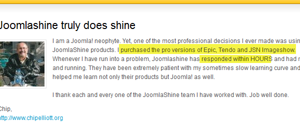 Customer's testimonial from JoomlaShine